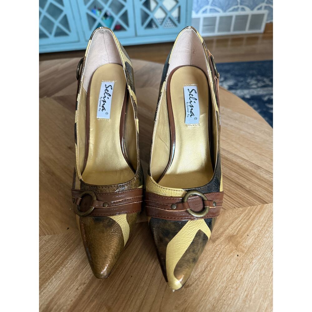 Selina by Summer Rio Tan Cow Print with Attached Buckles and Stiletto Heels